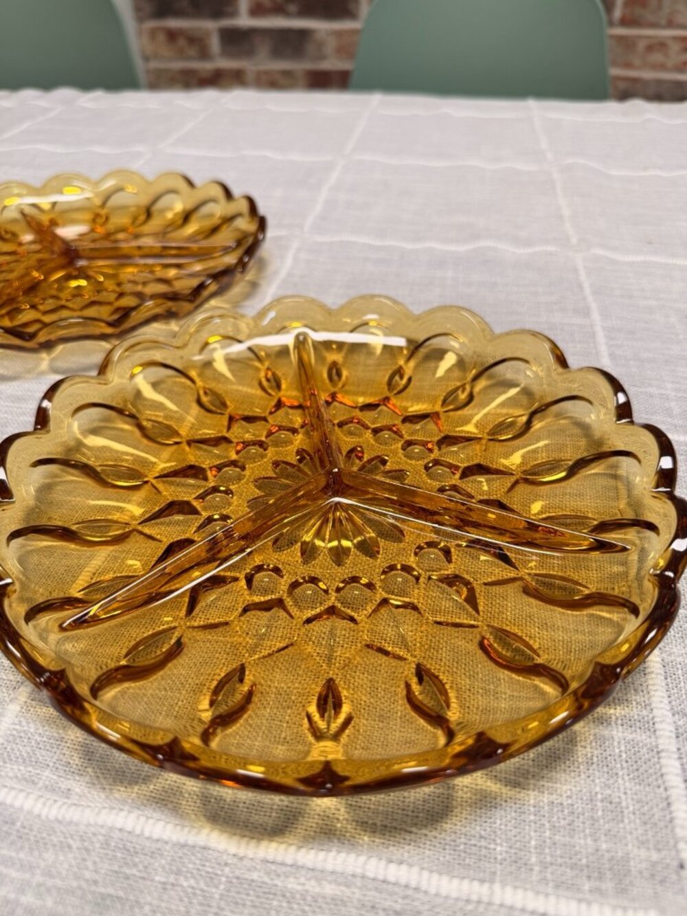Vintage Amber Glass Divided Serving Plates Set of 2 Retro Floral Scalloped